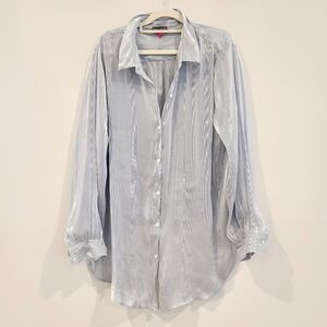 Vince Camuto Shimmer Sheer Striped Button Down Cropped Back Blouse